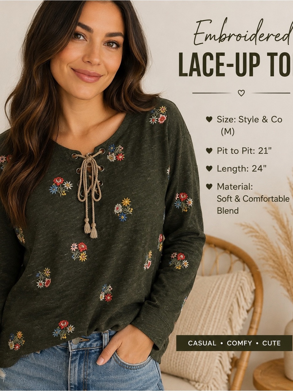 Style & Co. Olive Green Floral Embroidered Lace-Up Sweatshirt